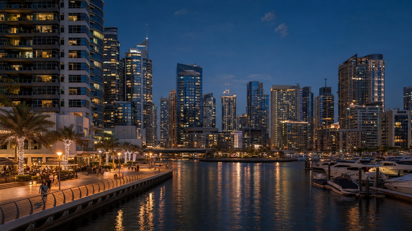 Dubai Marina canal at night with towers and a tour boat